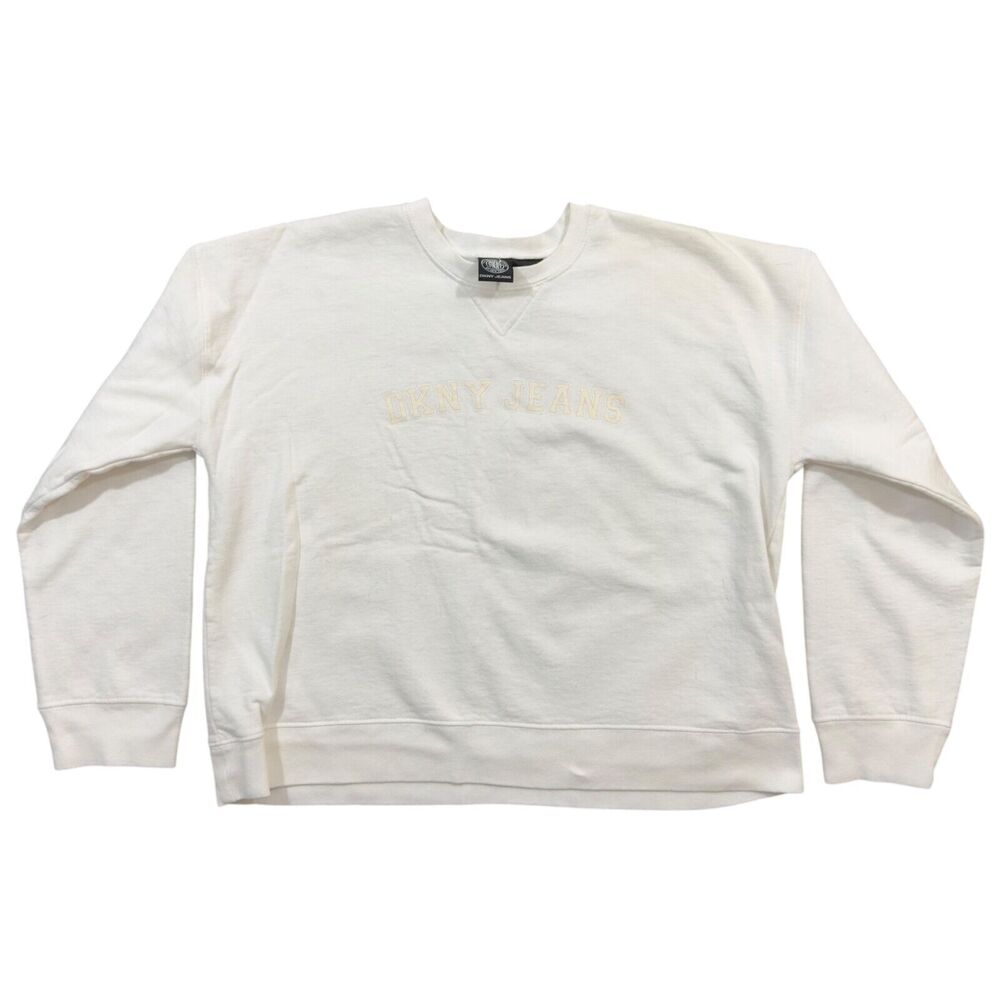 DKNY Jeans Sweatshirt Unisex Large White Spell-out Logo Long Sleeve Crew Neck